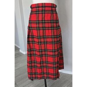Vintage 80s Wool Red Tartan Plaid Maxi Pleated Skirt Pure New Wool Sz S/M (14)